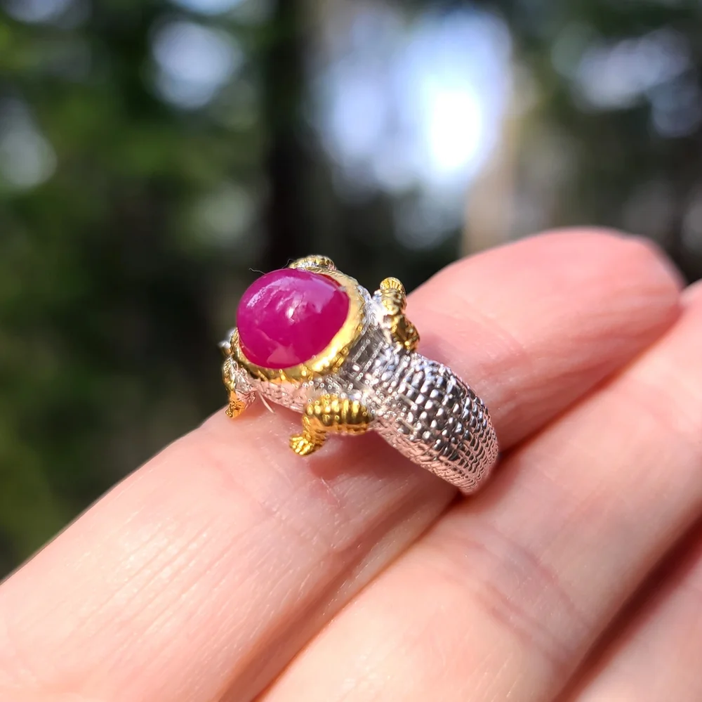 Star ๐ sapphire crocodile ๐ sterling & gold ring sz8 adjustable - Picture 6 of 7